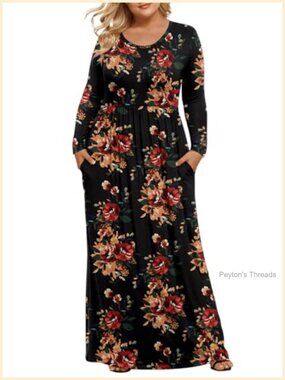 Plus Size Maxi Dress Long Sleeve Round Neck Side Pockets Casual